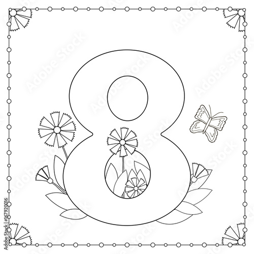 Numeral eight with flowers, leaves and butterfly. Coloring page.