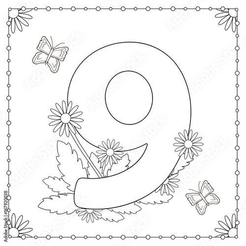 Numeral nine with flowers, leaves and butterflies. Coloring page