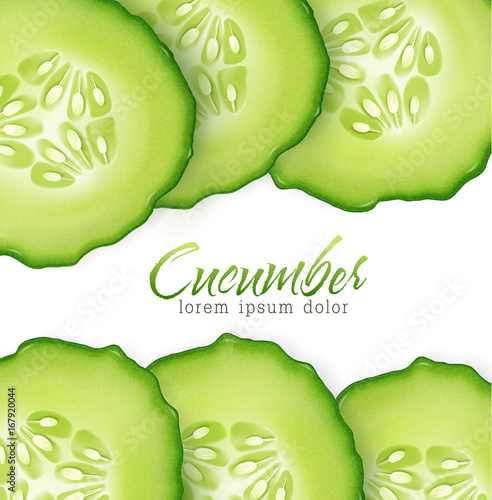 Vector slice juicy cucumber isolated on white background.Green frame. Realistic 3d illustration. Element for modern design.