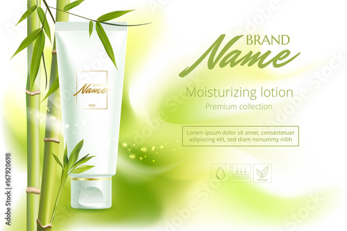 Advertising poster for cosmetic product for catalog, magazine. Vector design of cosmetic package.Moisturizing cream, gel, body lotion with green tea extract . Vector illustration with isolated objects