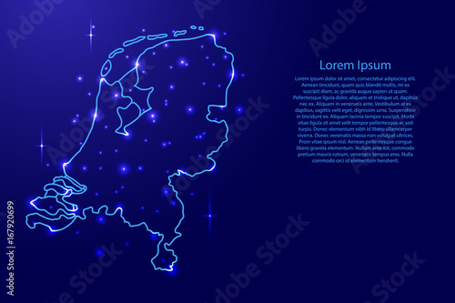 Fotografie, Obraz Map Netherlands from the contours network blue, luminous space stars of vector i