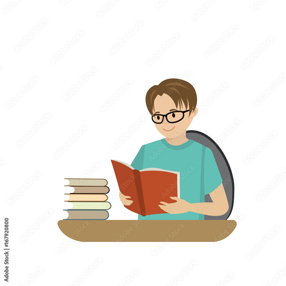 Teenager reads a book,cartoon guy isolated on white background