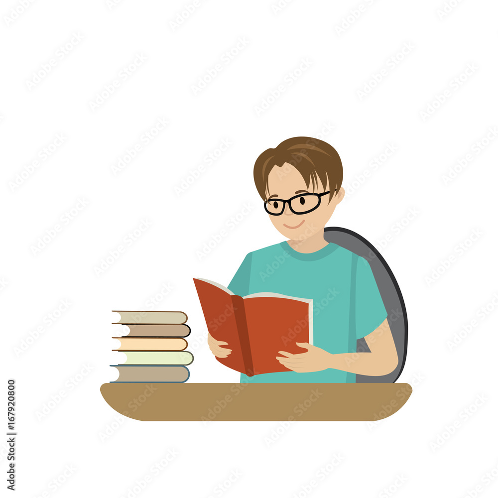 Teenager reads a book,cartoon guy isolated on white background Teenager reads a book,cartoon guy isolated on white background