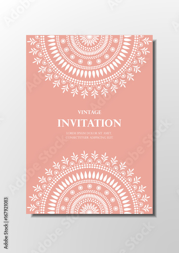 invitation card vintage design with mandala pattern on pink background vector