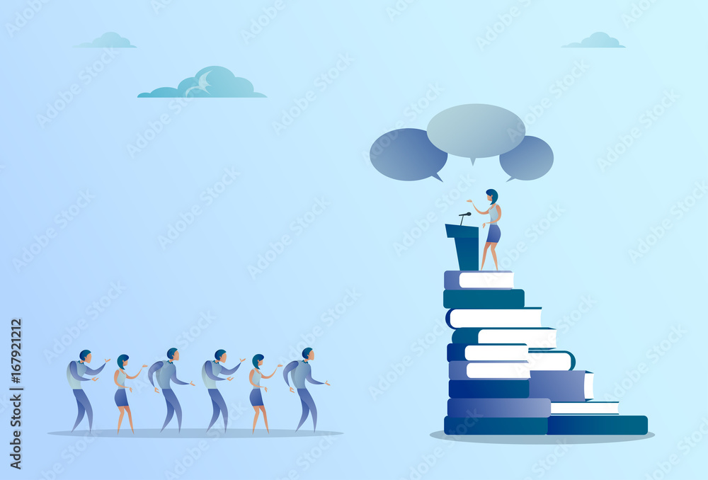 Business Woman Leading Tribune Speech In Front Of Businesspeople Group Conference Meeting Seminar Flat Vector Illustration Business Woman Leading Tribune Speech In Front Of Businesspeople Group Conference Meeting Seminar Flat Vector Illustration