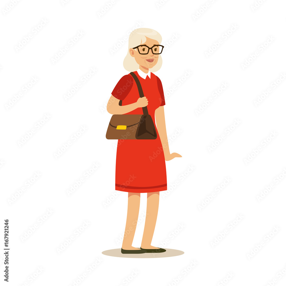 Beautiful senior woman in red dress colorful character vector Illustration