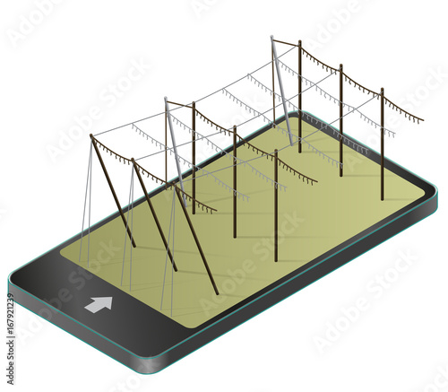 Hopgarden landscape in spring, isometric in mobile phone. Agriculture landscape with husbandry industry in communication technologies. Construction of beams, wires for growing hops on green farm field