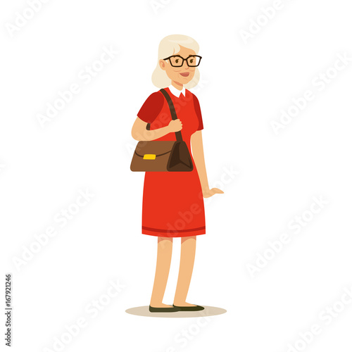 Beautiful senior woman in red dress colorful character vector Illustration