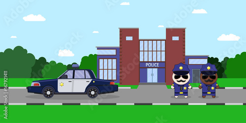 Fototapeta Naklejka Na Ścianę i Meble -  American police officers with police car and the department of police on the background. Flat style Vector illustration.