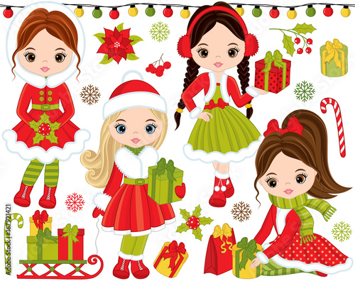 Vector Christmas and New Year Set with Little Girls