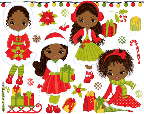 Vector Christmas and New Year Set with Little African American Girls