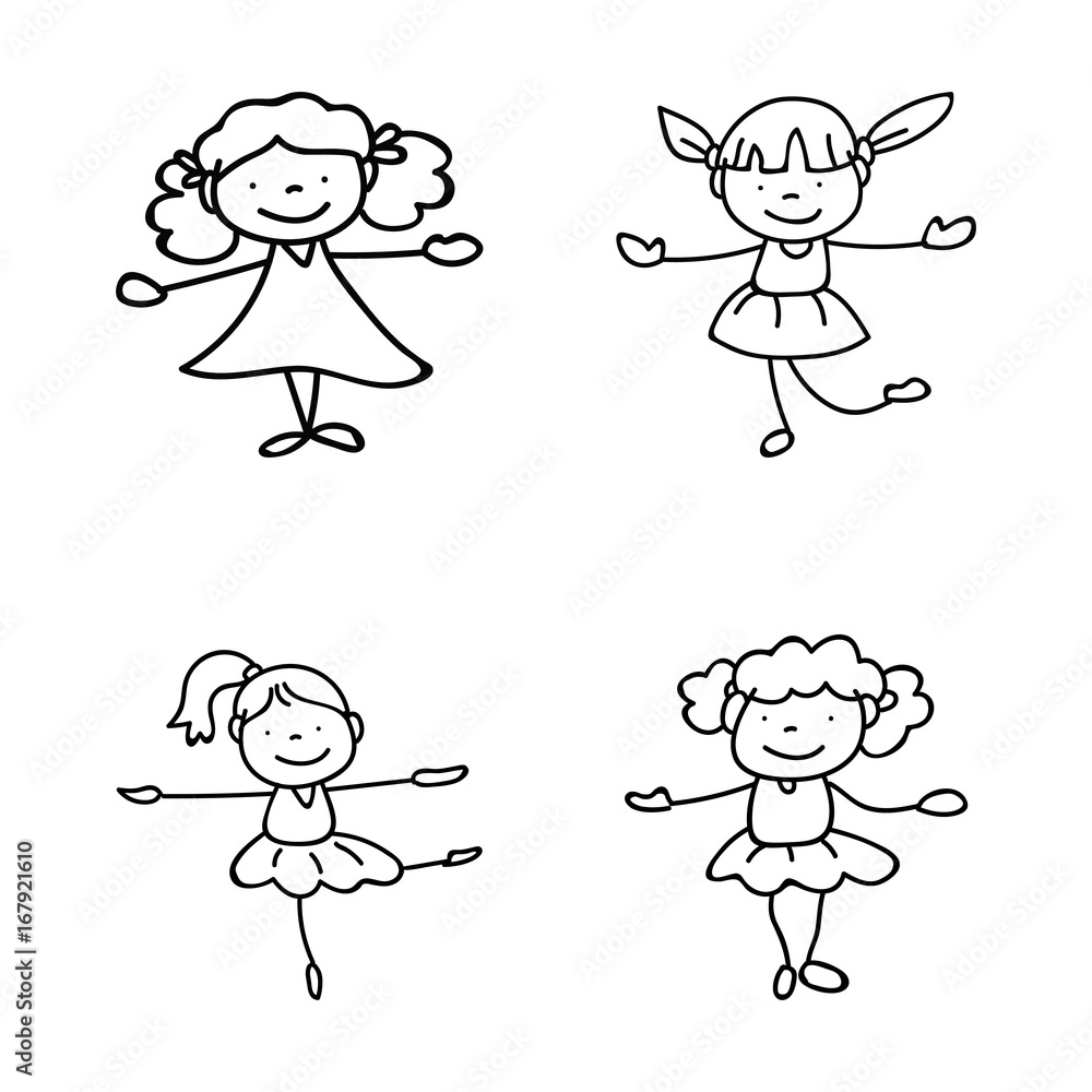 Set of hand drawing abstract happy cute girls line art Set of hand drawing abstract happy cute girls line art