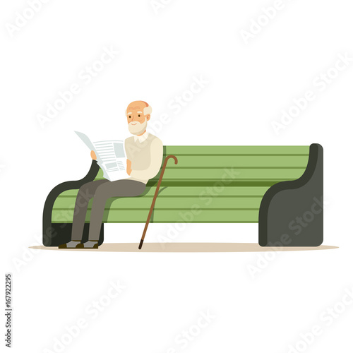 Grey senior man sitting on a wooden bench and reading book colorful character vector Illustration