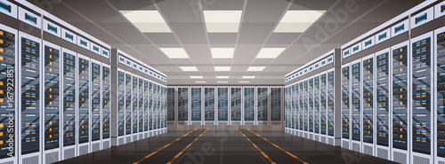 Data Center Room Hosting Server Computer Information Database Synchronize Technology Flat Vector Illustration