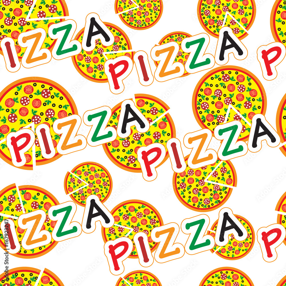 Fototapeta premium Pizza slice background pattern. Pizza, slice pizza and lettering text vector seamless pattern