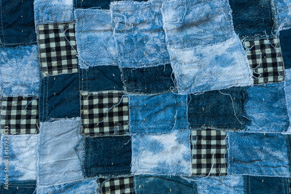 Fabric patchwork background and texture, Thread of old fabric blue tone for background - obrazy, fototapety, plakaty 