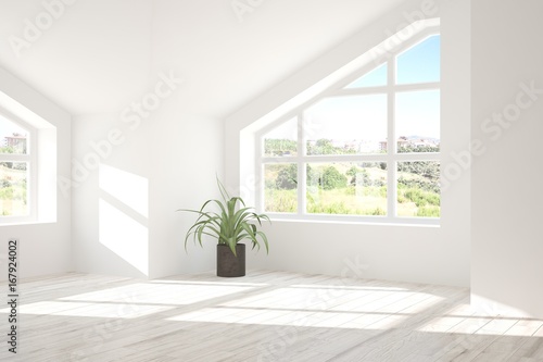 White empty room with summer landscape in window. Scandinavian interior design. 3D illustration © AntonSh