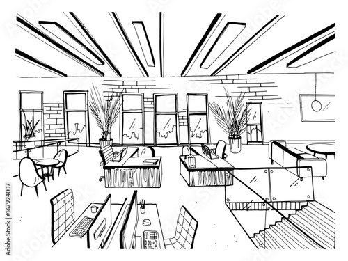 Hand drawn coworking cluster. Modern office interiors, open space. workspace with computers, laptops, lighting and place for rest. Black and white horizontal vector sketch illustration.