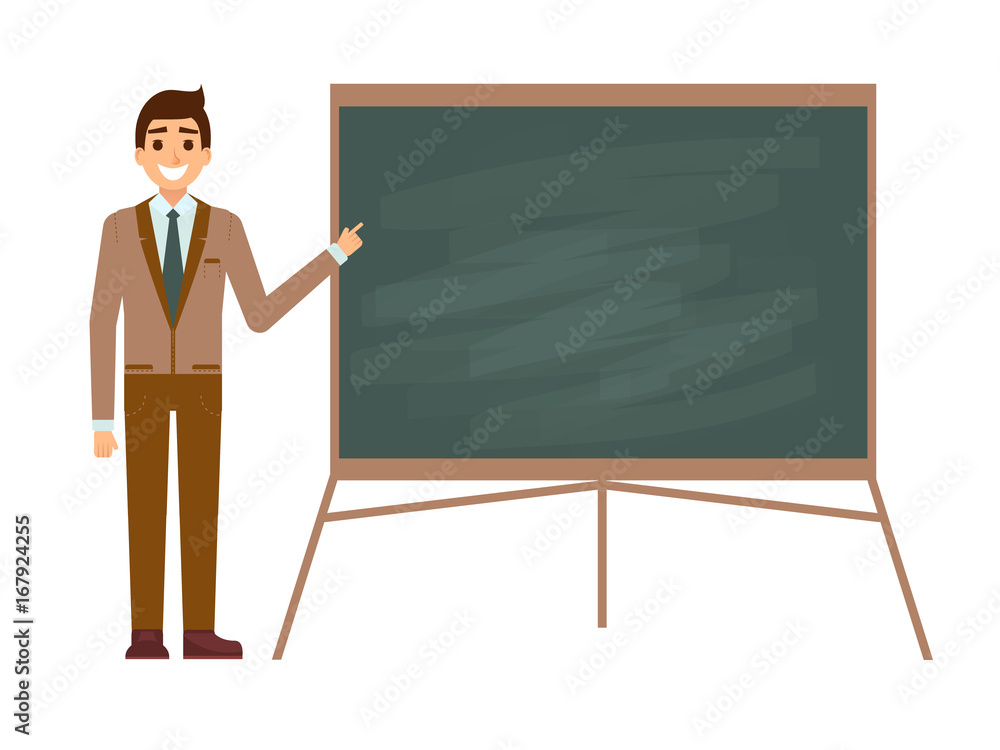 Young male teacher against blackboard in classroom isolated on white. Professor showing on boardon on lesson. Flat vector illustration. Back to school concept. Young male teacher against blackboard in classroom isolated on white. Professor showing on boardon on lesson. Flat vector illustration. Back to school concept.