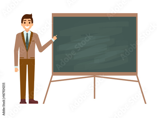 Young male teacher against blackboard in classroom isolated on white. Professor showing on boardon on lesson. Flat vector illustration. Back to school concept.