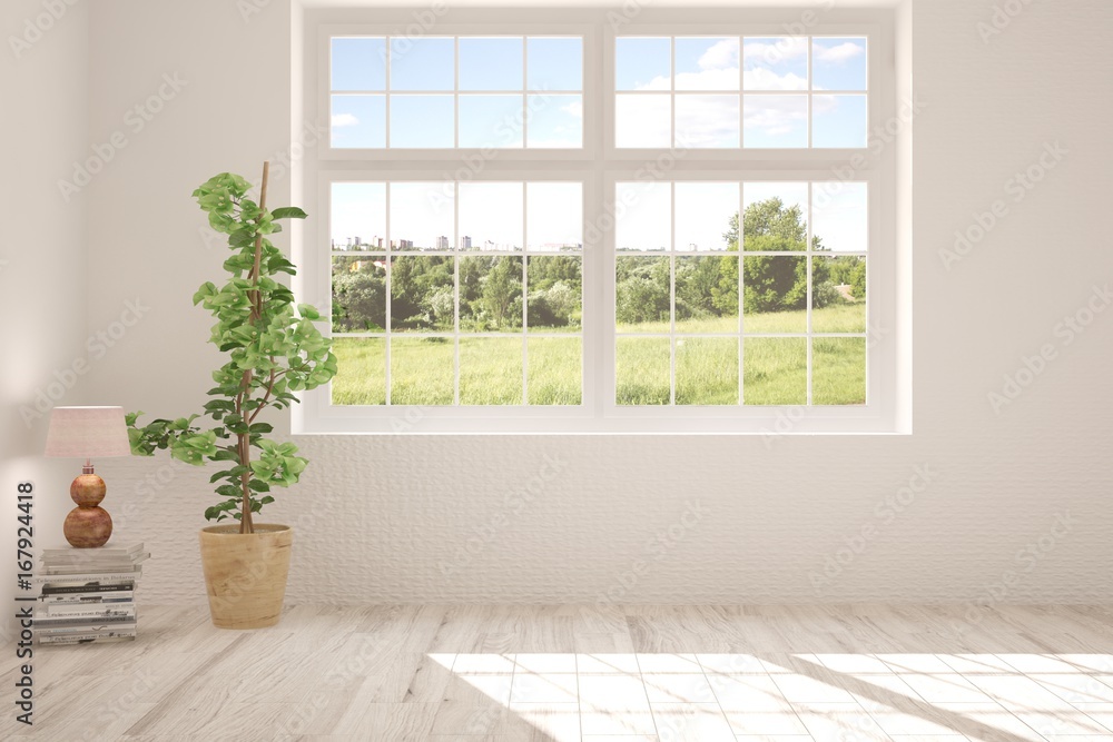 White empty room with summer landscape in window. Scandinavian interior design. 3D illustration