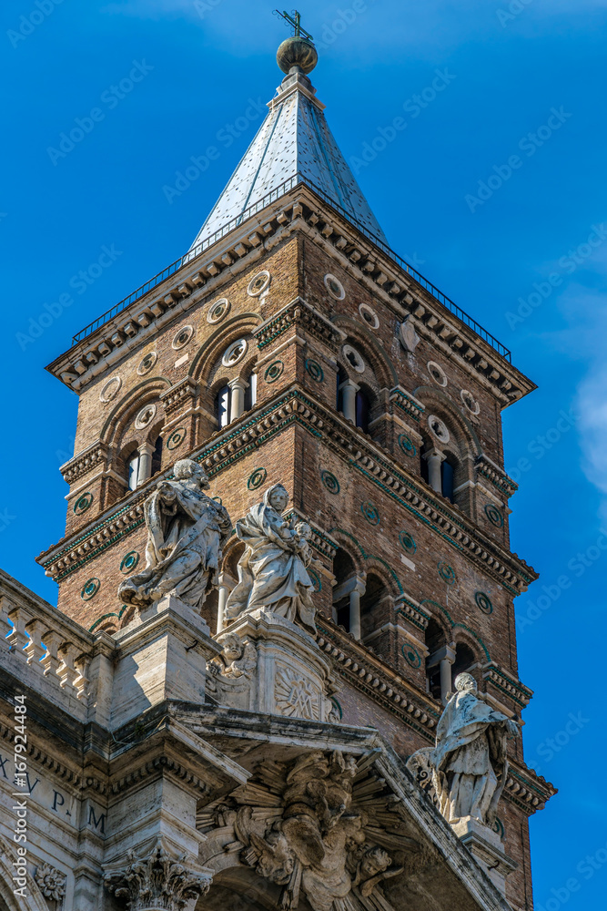 Detail of tower of the Church (Papal basilica) Santa Maria Maggiore in Rome, Italy