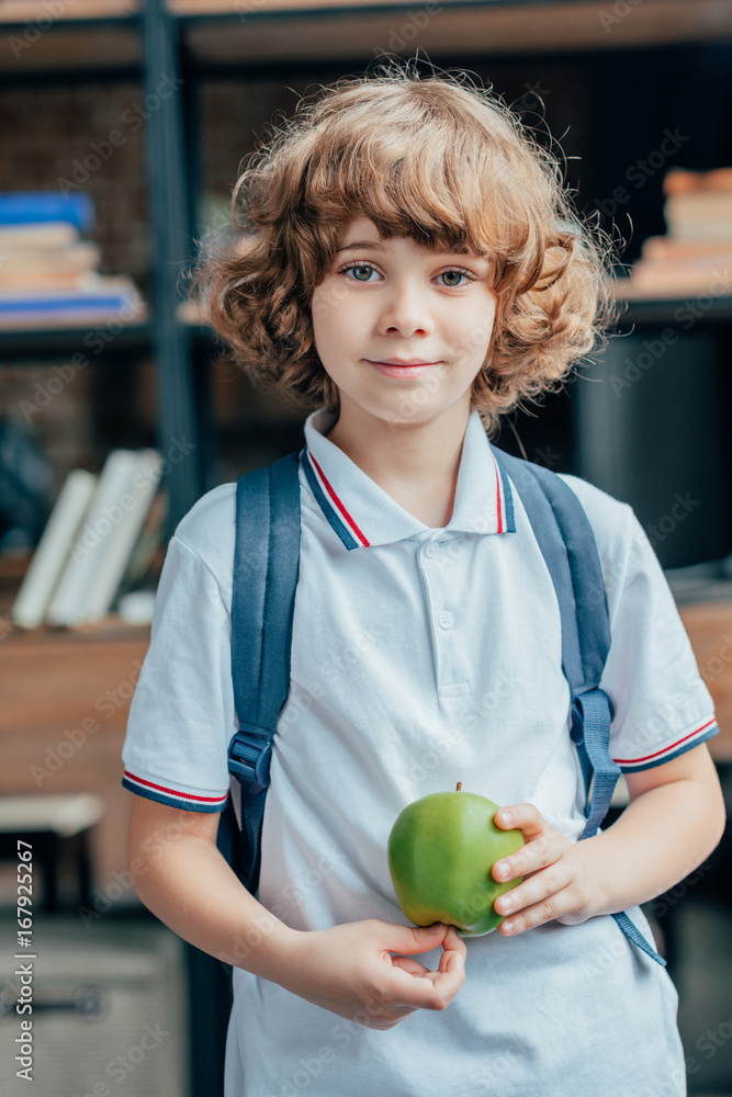 Fototapeta premium cute little schoolboy with apple and backpack