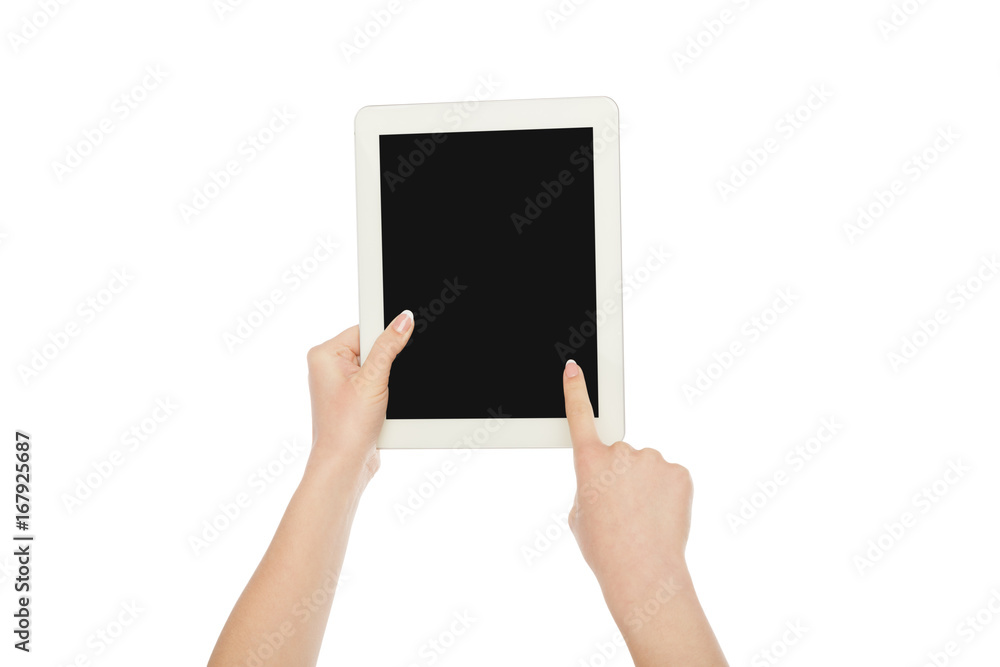 Female hands holding digital tablet, crop, cut out Female hands holding digital tablet, crop, cut out