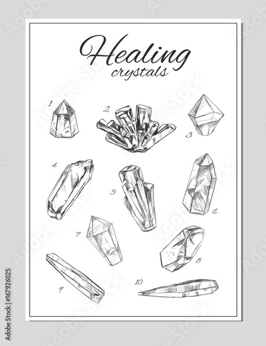 Healing crystals. Vector hand drawn illustration. Isolated objects
