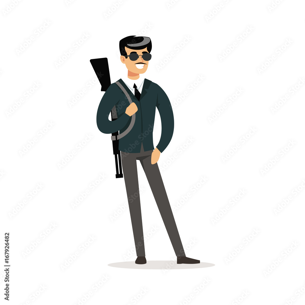 Mafia man character in sunglasses with a gun on his shoulder vector Illustration
