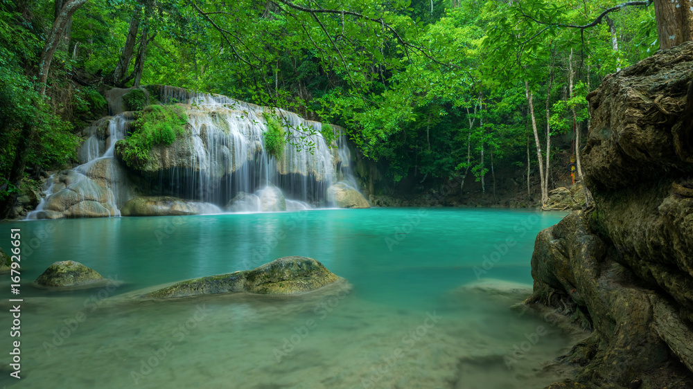 Wonderful green waterfall at deep forest, Erawan waterfall located Kanchanaburi Province, Thailand