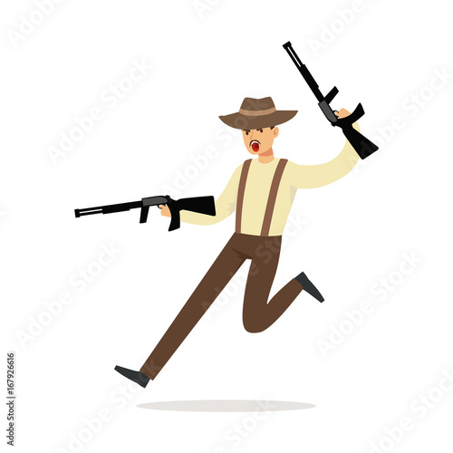 Mafia man character in brown fedora hat running with two submachine guns vector Illustration