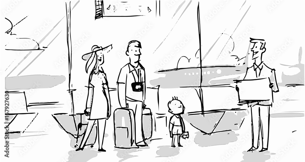 Family in the airport going to vacation trip together and a travel agent  helping them. Vector sketch for cartoon, projects, storyboard Stock Vector  | Adobe Stock