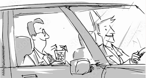 Driver and a business man in the car happy faces Vector sketch for cartoon, projects, storyboard