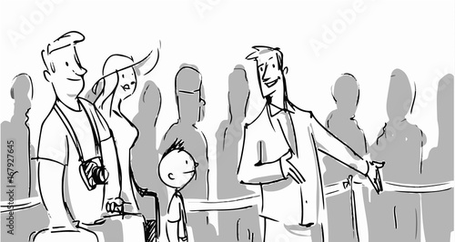 Travel agent toalking to tourists family. Vector sketch for cartoon, projects, storyboard
