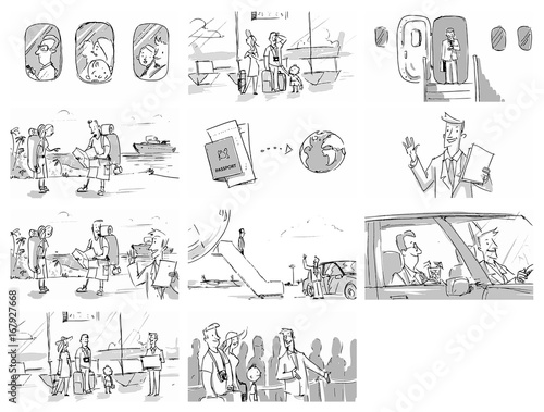 Set collection family going in a vacation  airport  travel agent  air plane  landing Vector skletches for cartoon  projects  storyboard