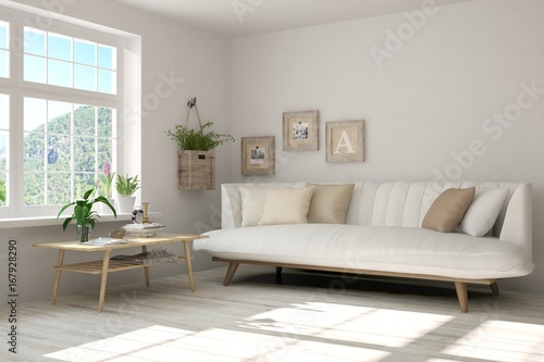 Inspiration of white minimalist room with sofa. Scandinavian interior design. 3D illustration