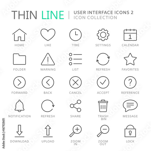 Collection of user interface thin line icons