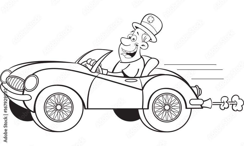 Black and white illustration of a man wearing a derby and driving a sports car.
