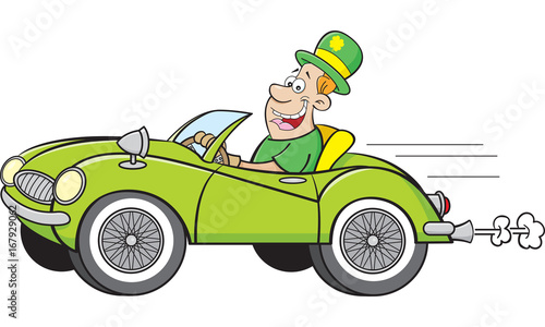Cartoon illustration of a man wearing a derby and driving a sports car.