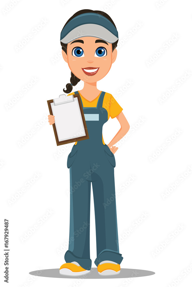 Courier woman holding blank clipboard. Professional fast delivery. Courier woman holding blank clipboard. Professional fast delivery.