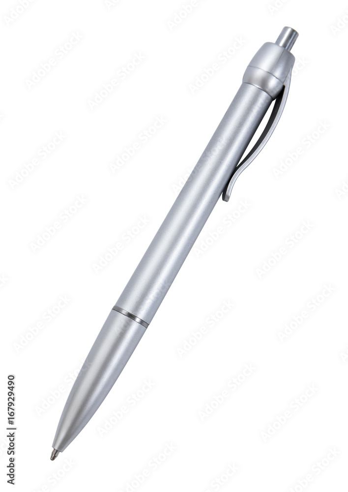 Close up of silver pen isolated on white background.Silver plastic pen isolated Close up of silver pen isolated on white background.Silver plastic pen isolated