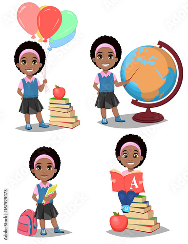 Back to school. Cute Afro-American girl is ready for studying. Pretty child.