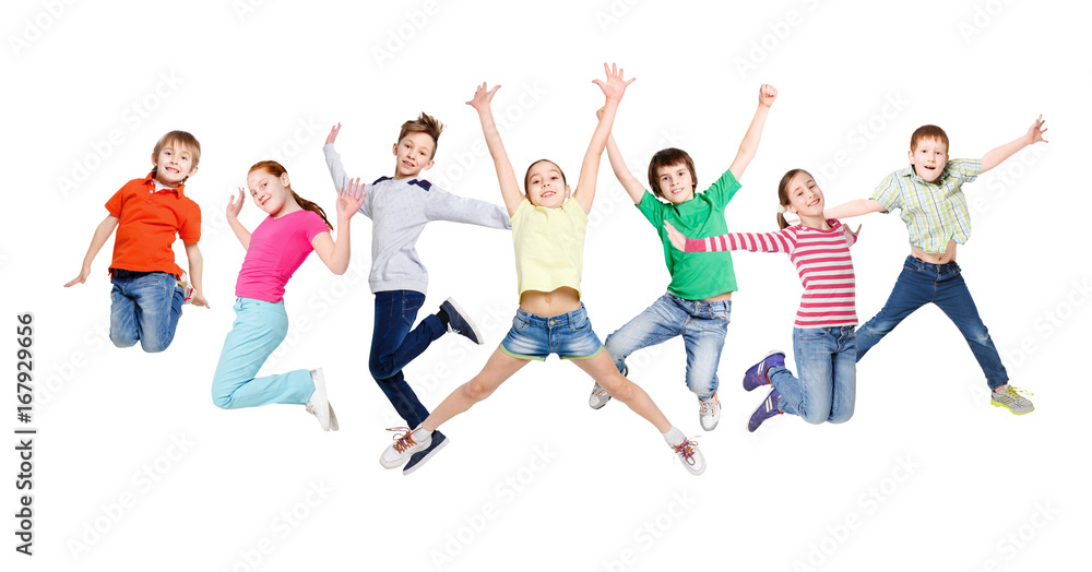 Group of children jumping at white isolated studio background Group of children jumping at white isolated studio background