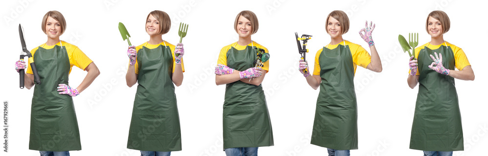 smiling woman professional gardener. gardening service and business concept. collage smiling woman professional gardener. gardening service and business concept. collage