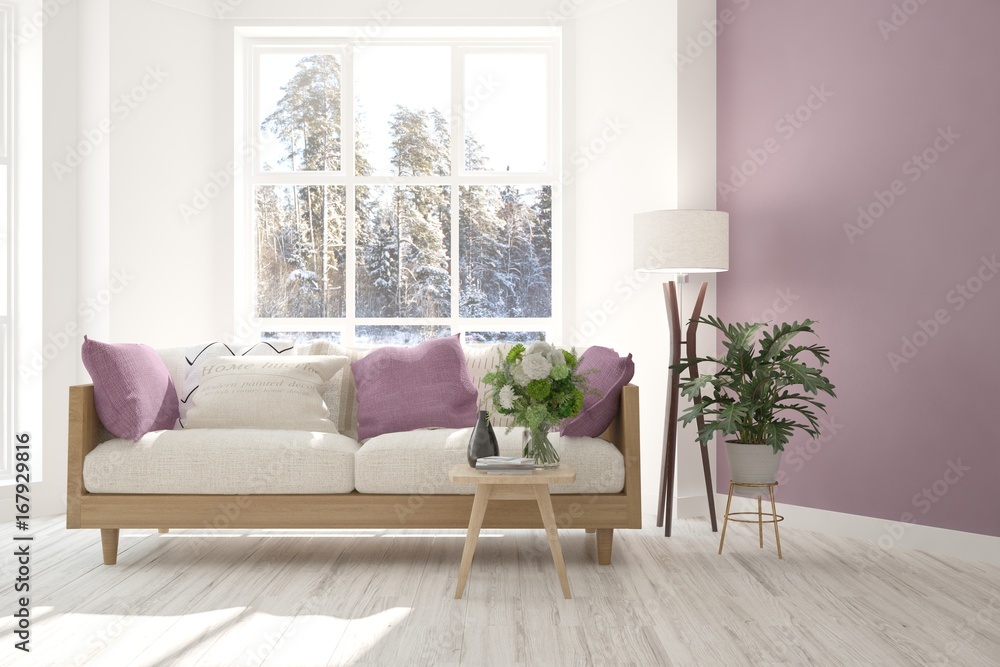 White room with sofa and winter landscape in window. Scandinavian interior design. 3D illustration White room with sofa and winter landscape in window. Scandinavian interior design. 3D illustration