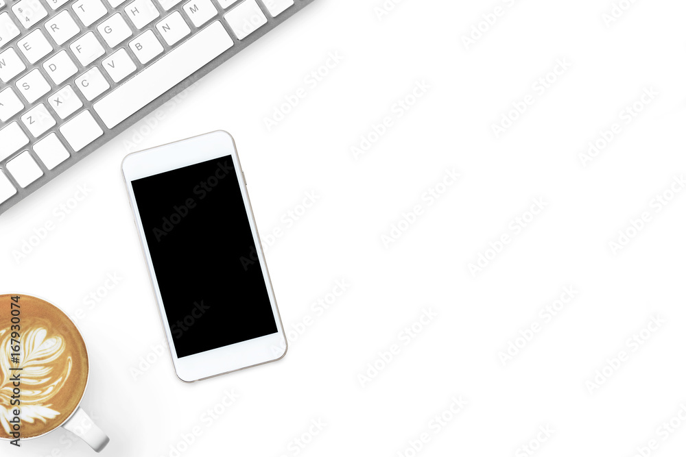 White smartphone with blank mockup screen is on top of white table with copy space. Top view, flat lay. White smartphone with blank mockup screen is on top of white table with copy space. Top view, flat lay.