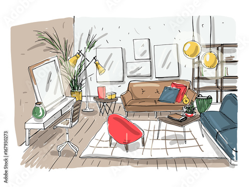 Modern living room interior. Furnished drawing room. Colorful vector illustration sketch on light background.