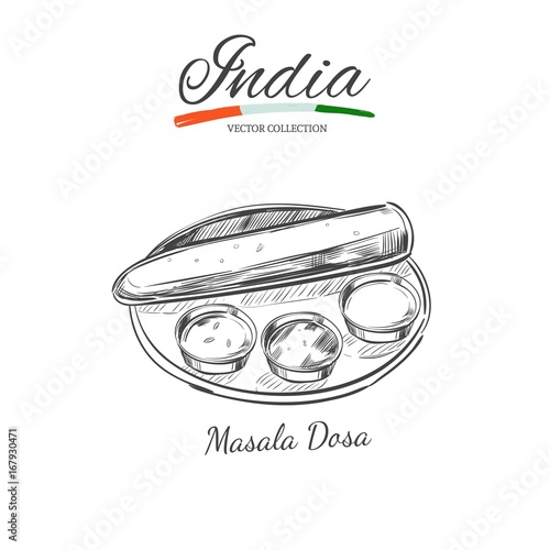 Masala Dosa. Traditional indian dish. Vector hand drawn illustration. Sketch style