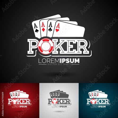 Vector Poker Logo Design Template with gambling elements.Casino illustration with ace set playing cards on dark background